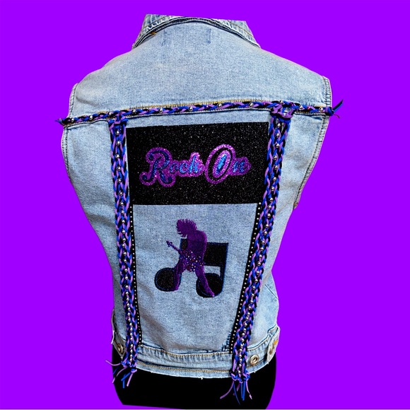 Rock  On Embroidered Guitarist & Music Note Denim Vest - Picture 2 of 11